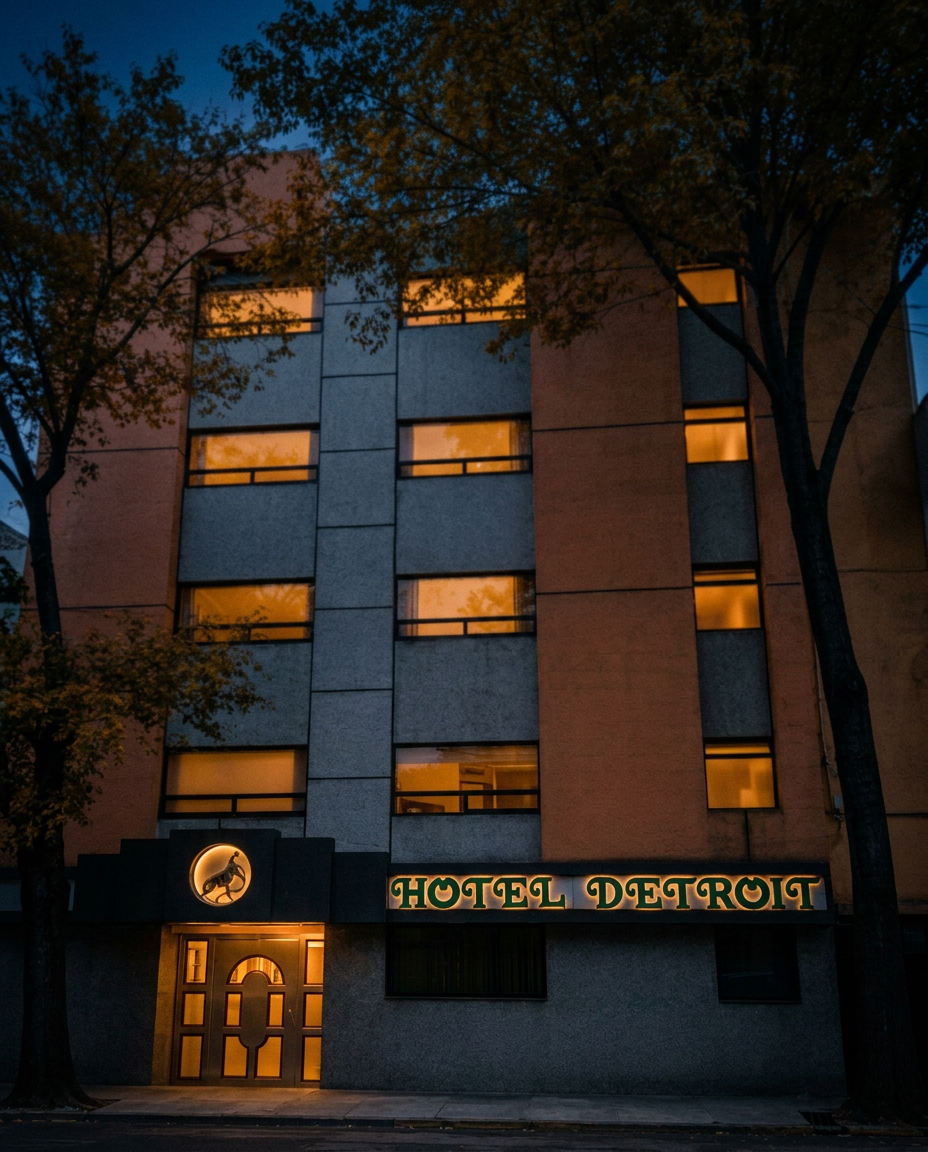 Fachada del Hotel Detroit al atardecer, junto al Monumento a la Revolución